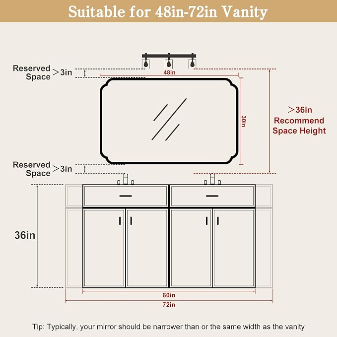 30" x 48" Wood Bathroom Mirror for Wall Mounted, Rustic Rounded Corner Vanity Mirror for Entryway, Living Room or Bedroom Home Decorative [30" x 48" Natural Color]