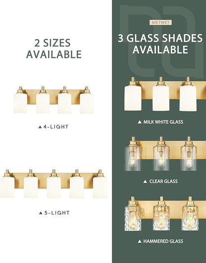4-Light Bathroom Light Fixtures, 24.5 Inch Brushed Gold Vanity Light with Cylinder Milk White Glass Shade, Modern Vanity Lighting Fixtures Over Mirror, VL143-BG-ML-4
