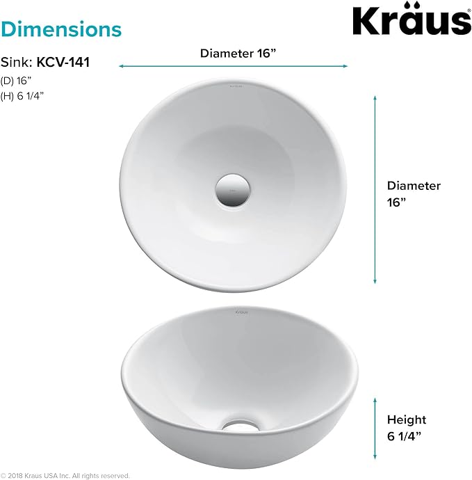 KRAUS Elavo Round Vessel White Porcelain Ceramic Bathroom Sink, 16 inch KCV-141