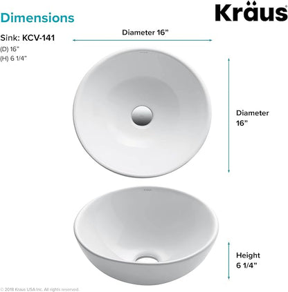 KRAUS Elavo Round Vessel White Porcelain Ceramic Bathroom Sink, 16 inch KCV-141