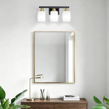 Black and Gold Vanity Light,3-Light Bathroom Light Fixtures,17" | Modern Bathroom Light Fixtures with Square Frosted Glass,Wall Sconces Lighting fixtures Over Mirror Restroom, Living Room