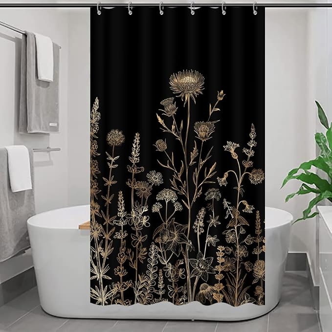 Vintage Black and Gold Boho Shower Curtain, Black and Tan Cream Floral Aesthetic Dark Wildflower Botanical Flowers Shower Curtain for Bathroom with Hook,Farmhouse Plant Art Chic Shower Curtain 36X72