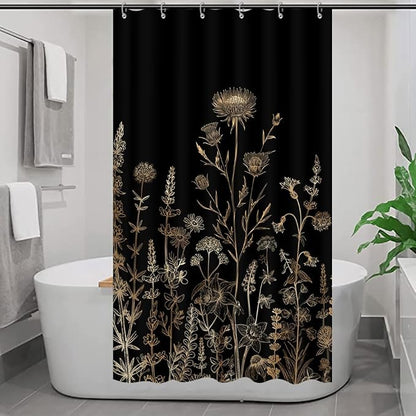 Vintage Black and Gold Boho Shower Curtain, Black and Tan Cream Floral Aesthetic Dark Wildflower Botanical Flowers Shower Curtain for Bathroom with Hook,Farmhouse Plant Art Chic Shower Curtain 36X72