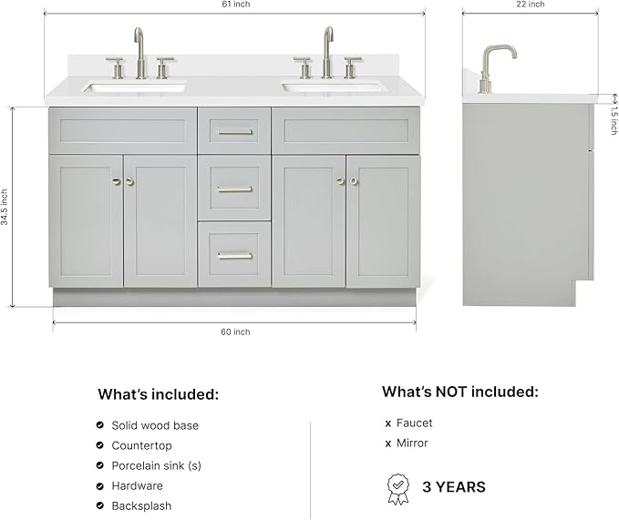 DKB Bradford 60" Grey Double Bathroom Vanity with 1.5" Pure White Quartz Countertop, Rectangular Undermount Sinks, 2 Soft Closing Doors, 3 Dovetail Drawers, Brushed Nickel