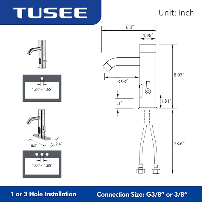 Manual and Automatic Faucet, Touchless Bathroom Faucet with One Temperature Control Rod, Chrome, TS-5303C