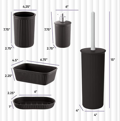 Superio Ribbed Plastic Bathroom Accessories Set, Soap Dish, Dispenser, Holder, Tray (Brown, Bathroom Accessories (Set of 5))