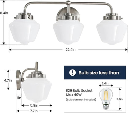 Bathroom Vanity Light Fixtures: 3-Lights Bathroom Lighting Fixtures Over Mirror, Brushed Nickel Vintage Wall Lights with Milky White Frosted Glass Shade for Bath Bedroom