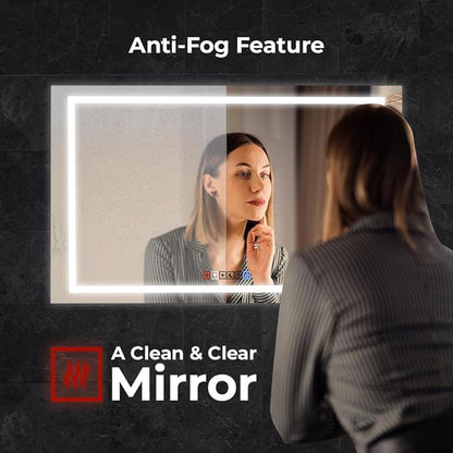 20x30 Inch Rectangular LED Bathroom Mirror with Lights Front and Backlit, 3 Color Modes, Touch Dimmer, Anti-Fog - Wall Mounted Vanity Mirror for Bathroom, Bedroom - Fab Glass and Mirror