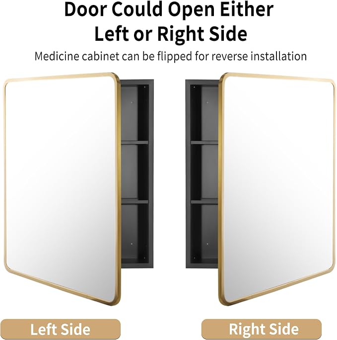 Movo 20x31 Inch Recessed or Surface Mount Medicine Cabinet with Mirror Aluminum Metal Framed Bathroom Mirror Medicine Cabinet Rectangle Storage Cabinet Gold