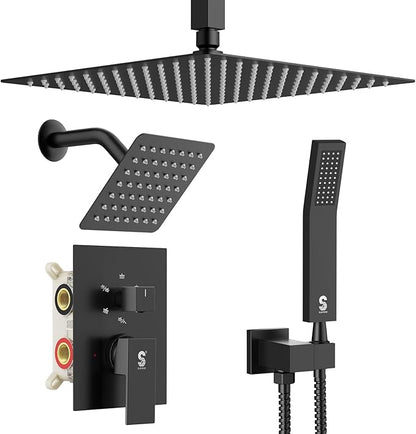 Shower Faucet Set Shower System - SR SUN RISE Matte Black Shower Trim Kit with Dual Shower Head, 12'' Ceiling Rainfall 6'' Wall Mount with Handheld Shower for Couples, Complete 6 Diverter Valve