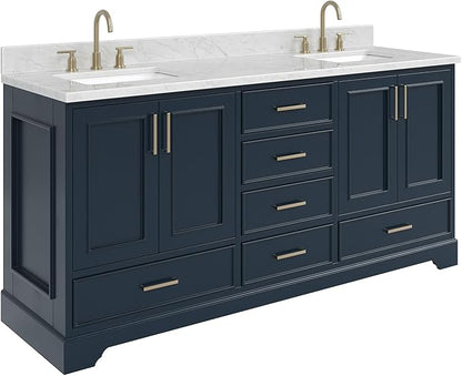 ARIEL Stafford 72-inch Bathroom Vanity with Sink,Solid Wood, 0.75-inch Italian Carrara Marble Countertop, Double Rectangular Porcelain Sink, 4 Soft Closing Doors, 6 Dovetail Drawers, Midnight Blue