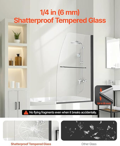 VEVOR Frameless Bathtub Shower Door, 34" W x 55" H, Half Shower Door for Bathtub, Tempered Glass, with 1/4 in Tempered Glass Bathroom Shower Screen, Black