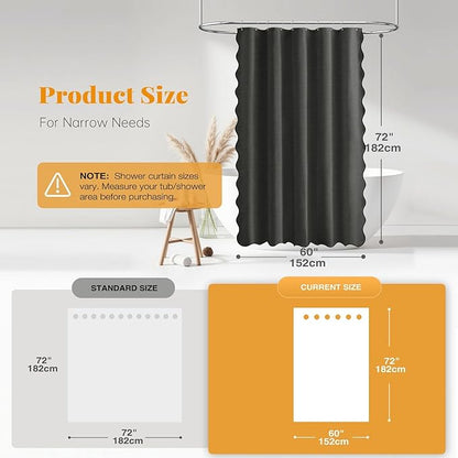 BTTN Stall Shower Curtain, 60×72 Boho Scalloped Linen Textured Heavy Duty Fabric Shower Curtain Set with 10 Hooks, Narrow Vintage Country Waterproof Cloth Shower Curtains for Bathroom, Charcoal Grey