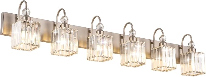 Ralbay Crystal Vanity Light for Bathroom Brushed Nickel Modern 6 Light Bathroom Lighting Fixtures Over Mirror