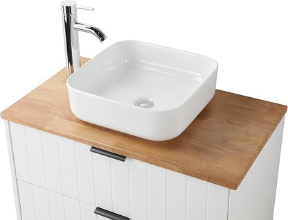 32 inch Bathroom Vanity with Sink and Solid Wood Countertop, Wall Mounted Bathroom Vanity Cabinet with 2 Drawers, Modern Floating Bathoom Vanity Set Include Square Ceramic Basin Sink & Round Mirror