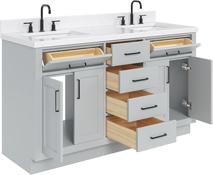 ARIEL Hepburn 60-inch Bathroom Vanity with Sink,Solid Wood, 1.5-inch Carrara White Quartz Countertop & Backsplash, Double Rectangular Porcelain Sink, 4 Soft Closing Doors, 6 Dovetail Drawers, Grey
