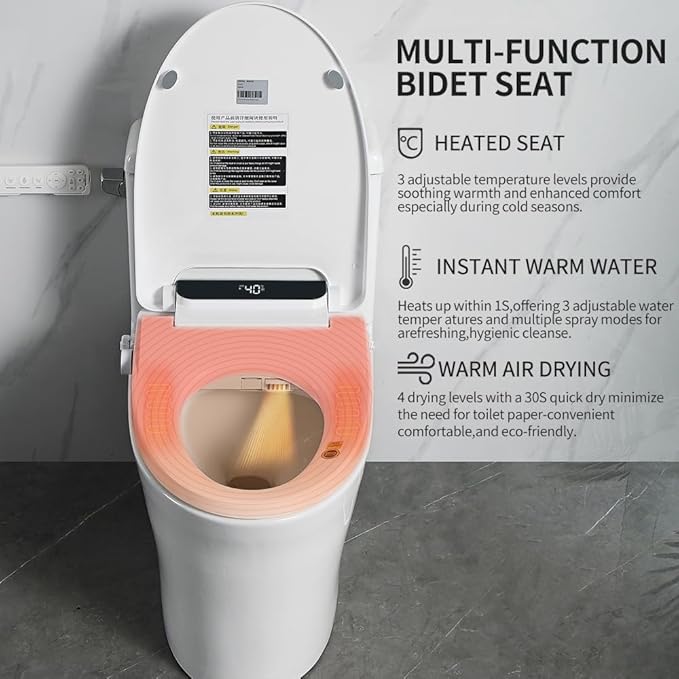 Heated Bidet Toilet Seat Elongated with LED Display & Remote Control - Smart Soft Close Toilet Seat Electric Bidet with Dryer, Warm Water, Feminine Wash, Self-Cleaning Nozzle, IPX4, White
