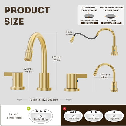 Pull Down Sprayer Brushed Gold 8 Inch Bathroom Sink Faucet, 2 Handles 3 Hole Widespread Pull Out Bathroom Faucet，with Pop Up Drain and Water Supply Line,BF04022-K01-BG