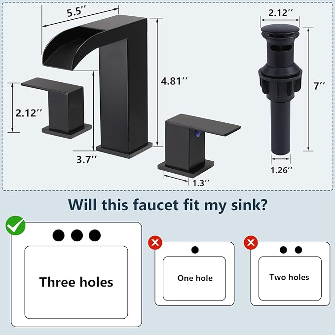 VCCUCINE Matte Black Bathroom Faucets 3 Hole, 8 Inch Widespread Square Waterfall Bathroom Sink Faucet,Black Vanity Bathroom Faucets for Vanity, Restroom, Commercial with Pop Up Drain and Supply Lines