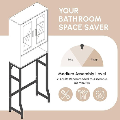 USHOWER Over The Toilet Storage Cabinet, Bathroom Organizer with Tempered Glass Doors, Thicken Metal Stand & MDF Wood, Freestanding Space Saver, White