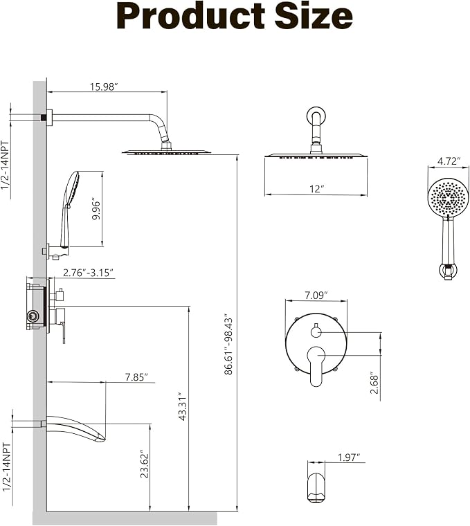 Gabrylly Black Bathtub Shower Faucet Set - 12" Rain Showerhead & Handheld Spray, High Pressure Shower Head with Pressure Balance Valve, Matte Black