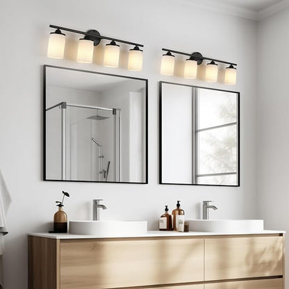 Jonsi Black Bathroom Light Fixtures 4-Light Vanity Lights Modern Wall Sconce with Milk White Shade Brushed Brass Bathroom Light Fixture Over Mirror for Bedroom Hallway Kitchen