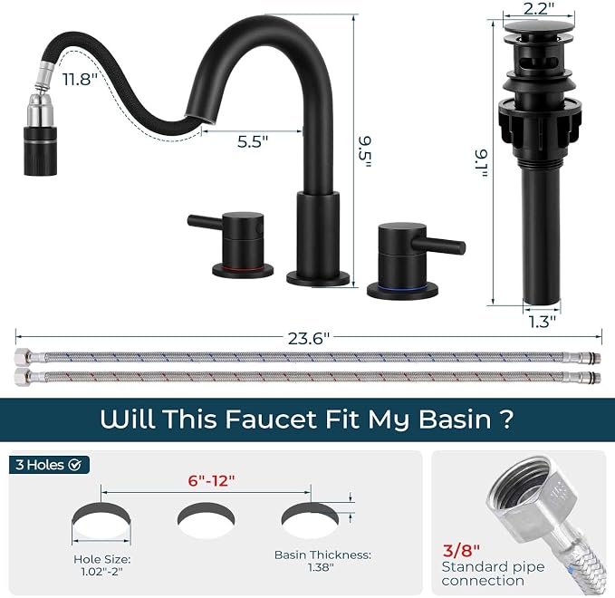 FGKQ Black Bathroom Faucet 3 Hole with Pull Down Sprayer and Pop Up Drain | Stainless steel, RV Bathroom Sink Faucet, 8-Inch widespread vanity faucet, 2-Handle,360° Swivel,llaves para lavamanos de baño
