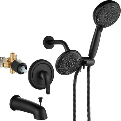 Aolemi Tub Shower Faucet Set Dual 8 Mode Head Valve Kit Matte Black | Valve and Trim Kit, ABS Shower Head and Handheld System, Bathroom Bath Tub Spout 6.3",SUS304,Single Handle