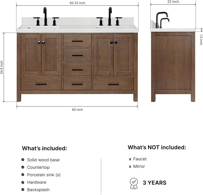 ARIEL Cambridge 60-inch Bathroom Vanity with Sink,Solid Wood, 1.5-inch Carrara White Quartz Countertop, Double Rectangular Porcelain Sink, 4 Soft Closing Doors, 6 Dovetail Drawers, Brown Oak