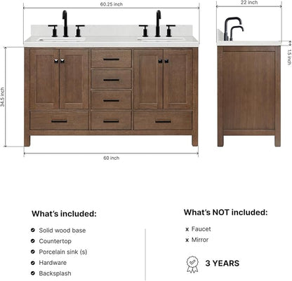 ARIEL Cambridge 60-inch Bathroom Vanity with Sink,Solid Wood, 1.5-inch Carrara White Quartz Countertop, Double Rectangular Porcelain Sink, 4 Soft Closing Doors, 6 Dovetail Drawers, Brown Oak