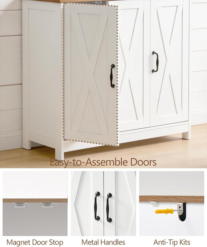 Farmhouse Buffet Storage Cabinet, 3-Door Sideboard Cabinet with Adjustable Shelves, Wood Countertop Freestanding Credenza for Kitchen, Living Room, White