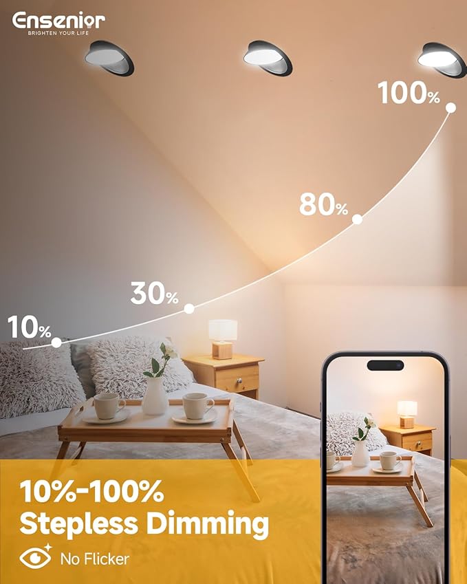 Ensenior 6 Pack 6 inch LED Eyeball Recessed Lighting, 360°+90° Rotatable and 2700K-5000K Selectable, CRI90+, Dimmable Gimbal Recessed Lights, 1300LM, 12W=115W-FCC, Black
