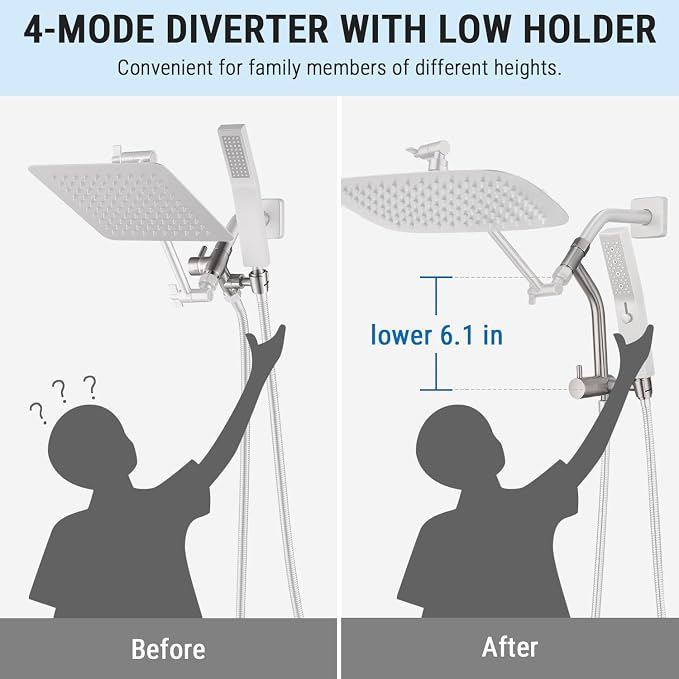G-Promise 10 Inch All Metal Rain Shower Head with Handheld (Brushed Nickel) | Suits Every Height, Pause Mode Diverter, Massage Mode Handheld, Full Body Coverage, Easy to Install, Modern Bath Upgrade