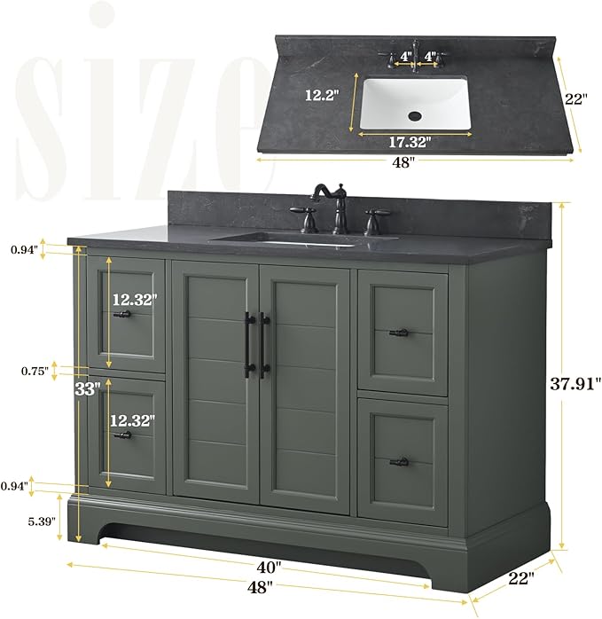 Vanity Art 48 Inch Single Sink Bathroom Vanity with Ceramic Sink and Stone Top | Undermount Rectangular Sink Cabinet Soft Closing Doors, Dovetailed Drawers, No Mirror VA5048-VG