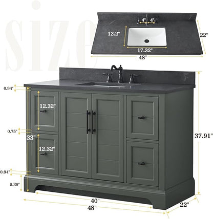 Vanity Art 48 Inch Single Sink Bathroom Vanity with Ceramic Sink and Stone Top | Undermount Rectangular Sink Cabinet Soft Closing Doors, Dovetailed Drawers, No Mirror VA5048-VG