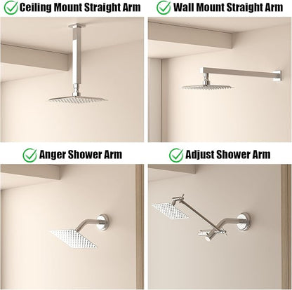 8 Inch Rain Shower Head High Pressure Rainfall Shower Head Chrome | Square Rain Bathroom Showerhead, High Flow, Large Stainless Steel, Ceiling Mounted, Wall Mounted, Waterfall Full Body
