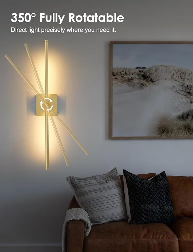 27.8 Inch Hardwired Wall Sconces Set of Two, 3000K Warm White Dimmable Modern Wall Sconces, 350° Rotate LED Light Fixtures Wall Lamp for Bathroom Living Room Bedroom Bedside, Gold