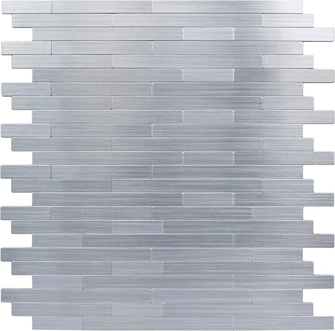 Kitchen Backsplash Tiles Peel and Stick, Stainless Steel Backsplash Brushed Aluminum Mini Subway Mosaic Wall Tiles (12 Sheets, Linear)