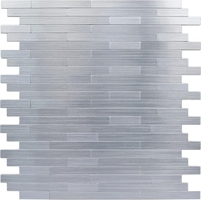 Kitchen Backsplash Tiles Peel and Stick, Stainless Steel Backsplash Brushed Aluminum Mini Subway Mosaic Wall Tiles (12 Sheets, Linear)