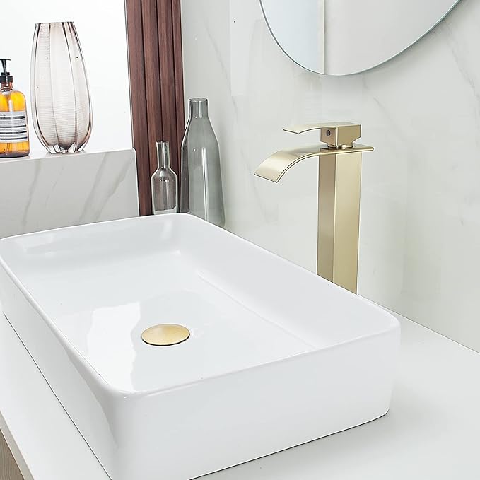 BWE Vessel Sink Faucet Brushed Gold Faucet for Bathroom Sink Tall Waterfall Bathroom Faucet Single Handle One Hole Vanity Sink Faucet with Pop-up Drain