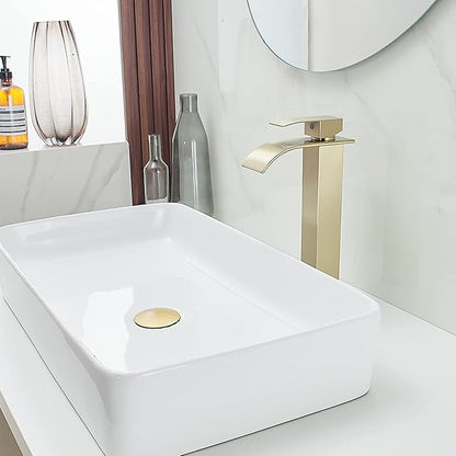 BWE Vessel Sink Faucet Brushed Gold Faucet for Bathroom Sink Tall Waterfall Bathroom Faucet Single Handle One Hole Vanity Sink Faucet with Pop-up Drain
