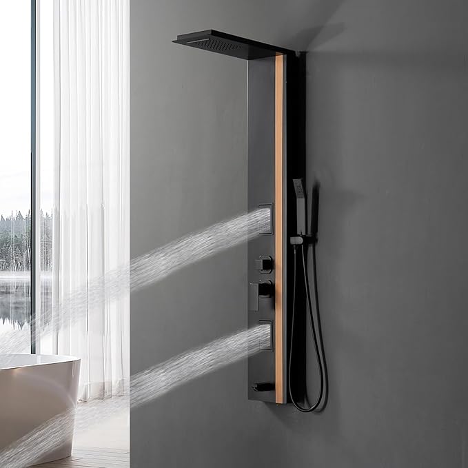 Shower Wall Panels Bathroom Shower Panel Tower System Multifunction Bamboo Wood and Stainless Steel Body Spray Jets Rainfall Waterfall Head with Handheld Wand and Tub Spout Wall Mount