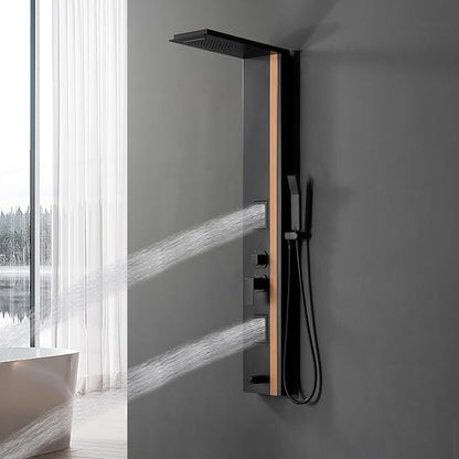 Shower Wall Panels Bathroom Shower Panel Tower System Multifunction Bamboo Wood and Stainless Steel Body Spray Jets Rainfall Waterfall Head with Handheld Wand and Tub Spout Wall Mount