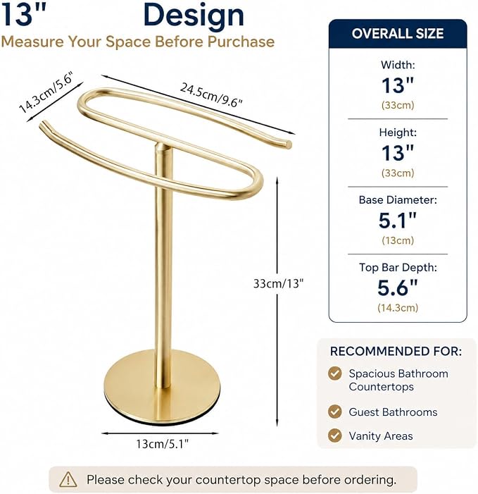 Light Brushed Gold Hand Towel Holder Stand, 13-Inch Tall Freestanding Towel Rack with Weighted Base, SUS304 Stainless Steel Countertop Towel Stand for Bathroom Vanity and Kitchen