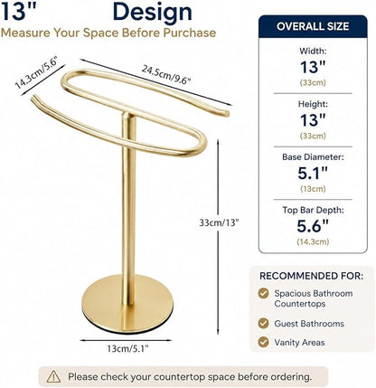 Light Brushed Gold Hand Towel Holder Stand, 13-Inch Tall Freestanding Towel Rack with Weighted Base, SUS304 Stainless Steel Countertop Towel Stand for Bathroom Vanity and Kitchen
