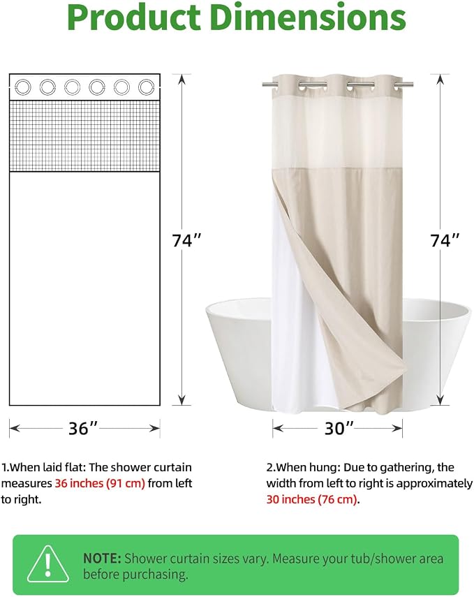 eachope No Hook Linen Texture Shower Curtain with Snap-in Liner,36x74 Cream | 230GSM Thick Fabric,Hotel Luxury Decor,Mesh Top Window,Waterproof & Machine Washable,for Shower Stall or Bathroom