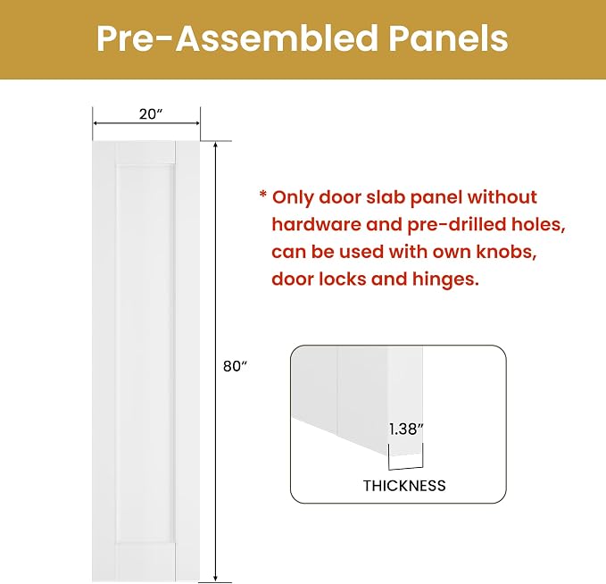 SMARTSTANDARD 20" x 80" Slab Door, Solid Core Interior Door, Pre-Assembled | 1-Panel without Hardware Kit, White Primed Shaker for Pantry, Bathroom, Laundry, Paintable Surface