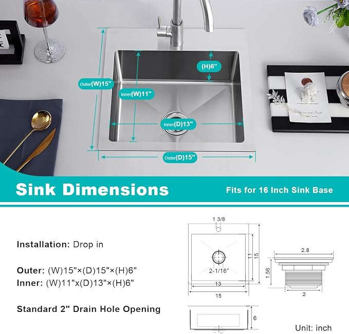 Handmade 15"x15" RV Drop-in Bar Sink Stainless Steel 2" Drain Hole | Compact Top Mount Basin, Suitable for RV, Campervan, Caravan, Boat, Mobile Tiny Kitchen