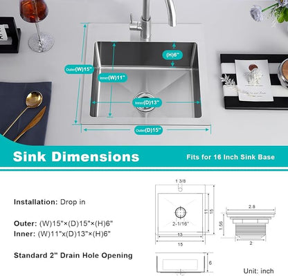 Handmade 15"x15" RV Drop-in Bar Sink Stainless Steel 2" Drain Hole | Compact Top Mount Basin, Suitable for RV, Campervan, Caravan, Boat, Mobile Tiny Kitchen