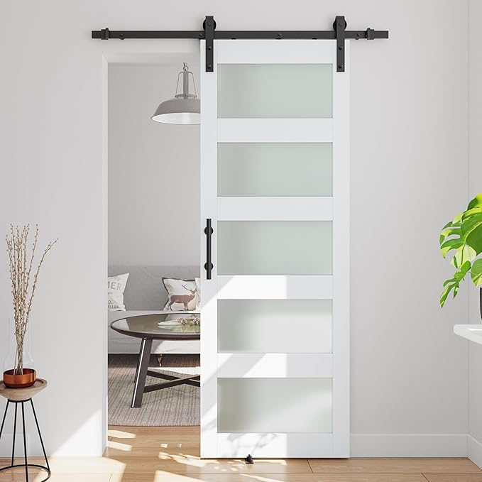 28in x 84in 5-Panel Sliding Glass Barn Door with 4ft Hardware Kit | Easy Assembly with Pre-Drilled Holes, Waterproof, Frosted Glass for Bathroom-Fit Max Opening 26in x 82in